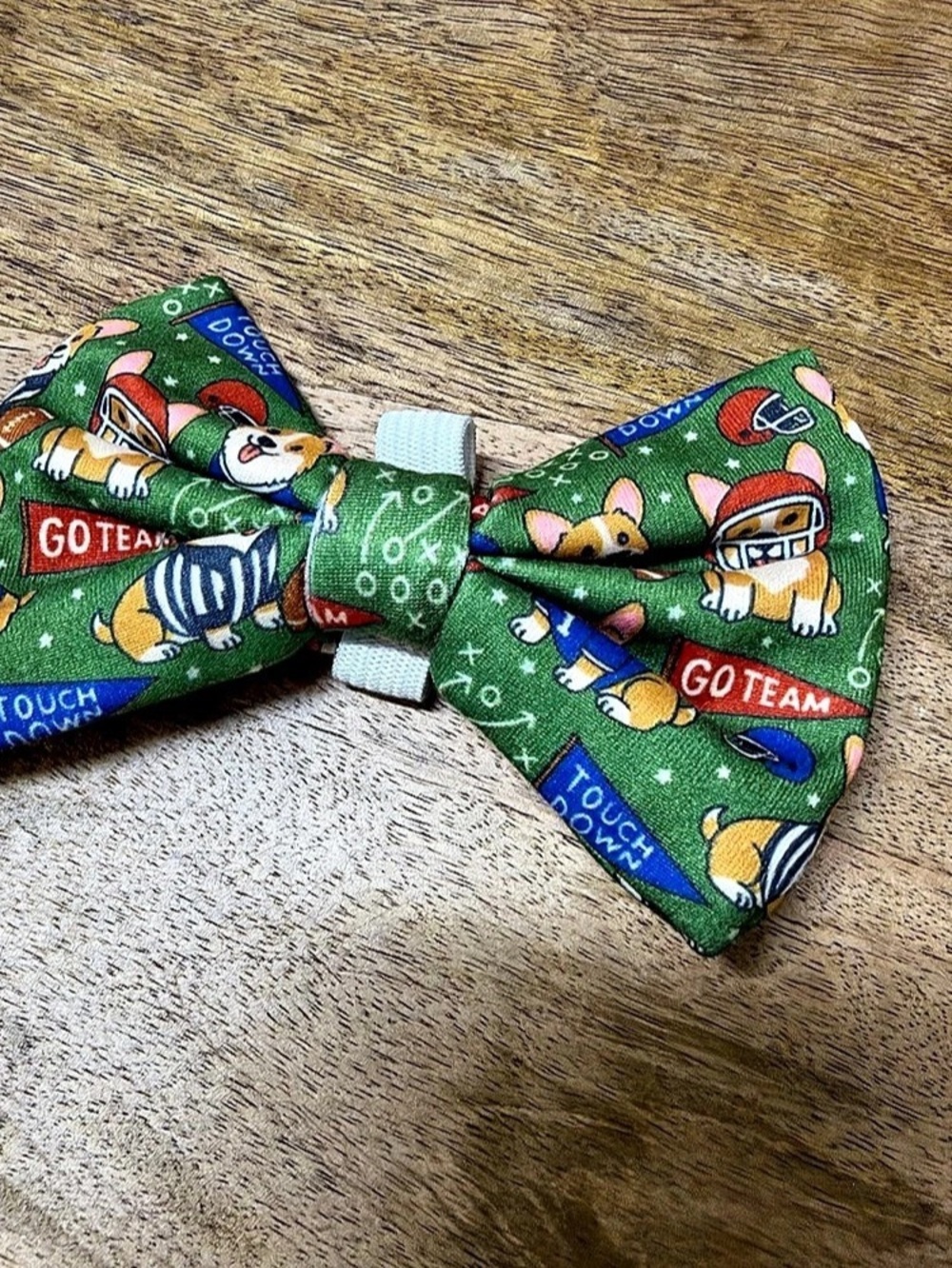 Griffy & Drake Football Corgi Bow Tie Green & Blue Small